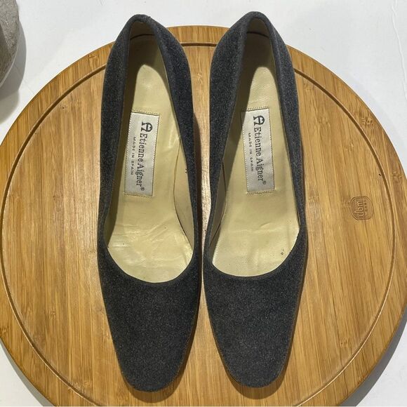 Etienne Aigner Grey Flannel Pumps Women’s 8 Vintage Silver Metallic Block Heel - Picture 5 of 8